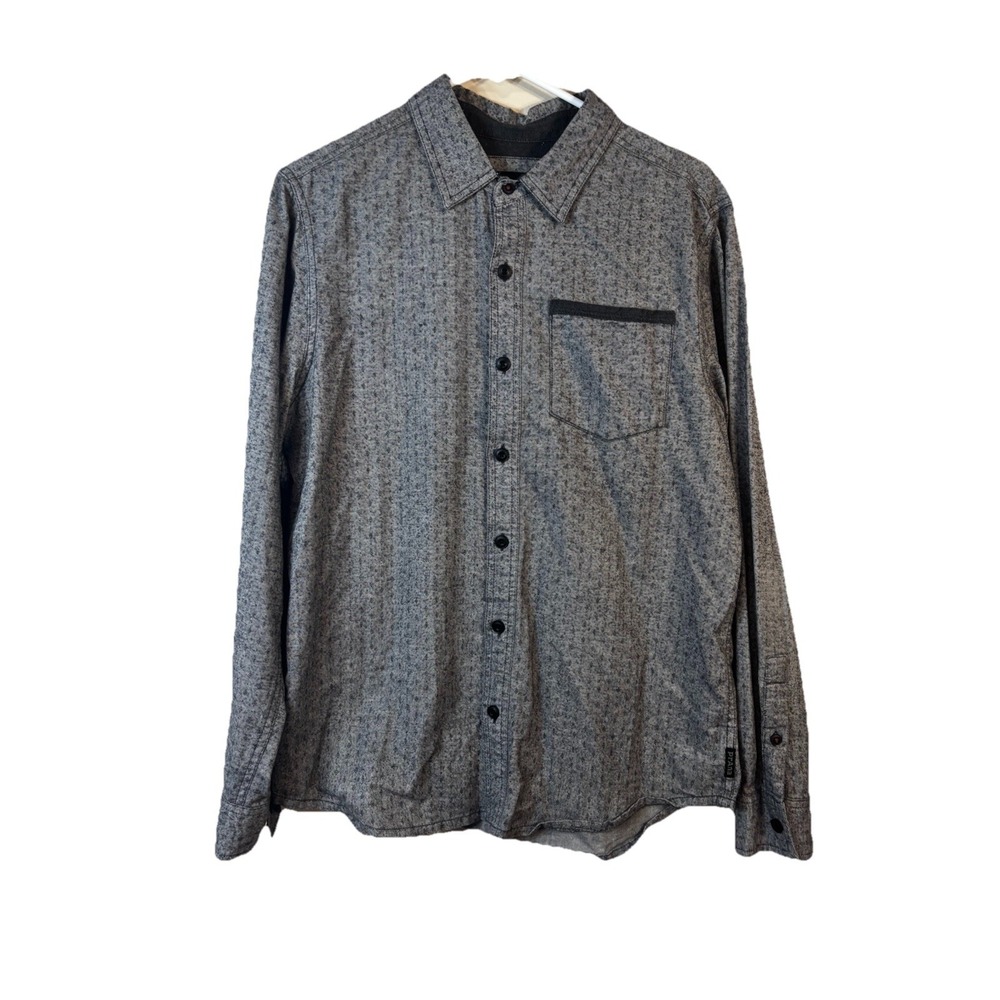 PrAna Mens Button Front Flannel Shirt Gray Sz Med Outdoors Hiking Organic Cotton